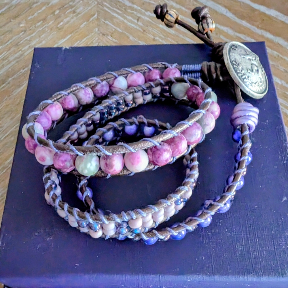 Elegant Beaded Wrap Bracelet - Purple and Pink